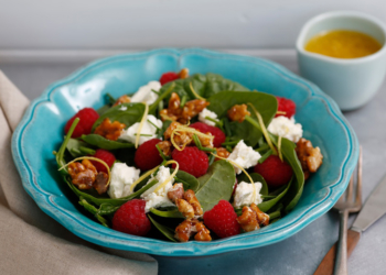 Raspberry, Spinach and Persian Feta Salad with Salted Candied Walnuts